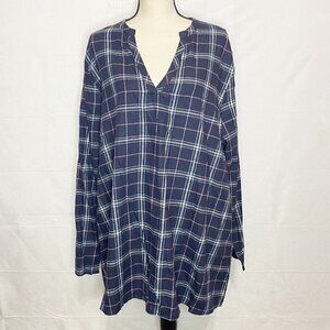 Lily by Firmiana Size 2X V-Neck Tunic Blouse Navy Plaid Cotton Blend NWT